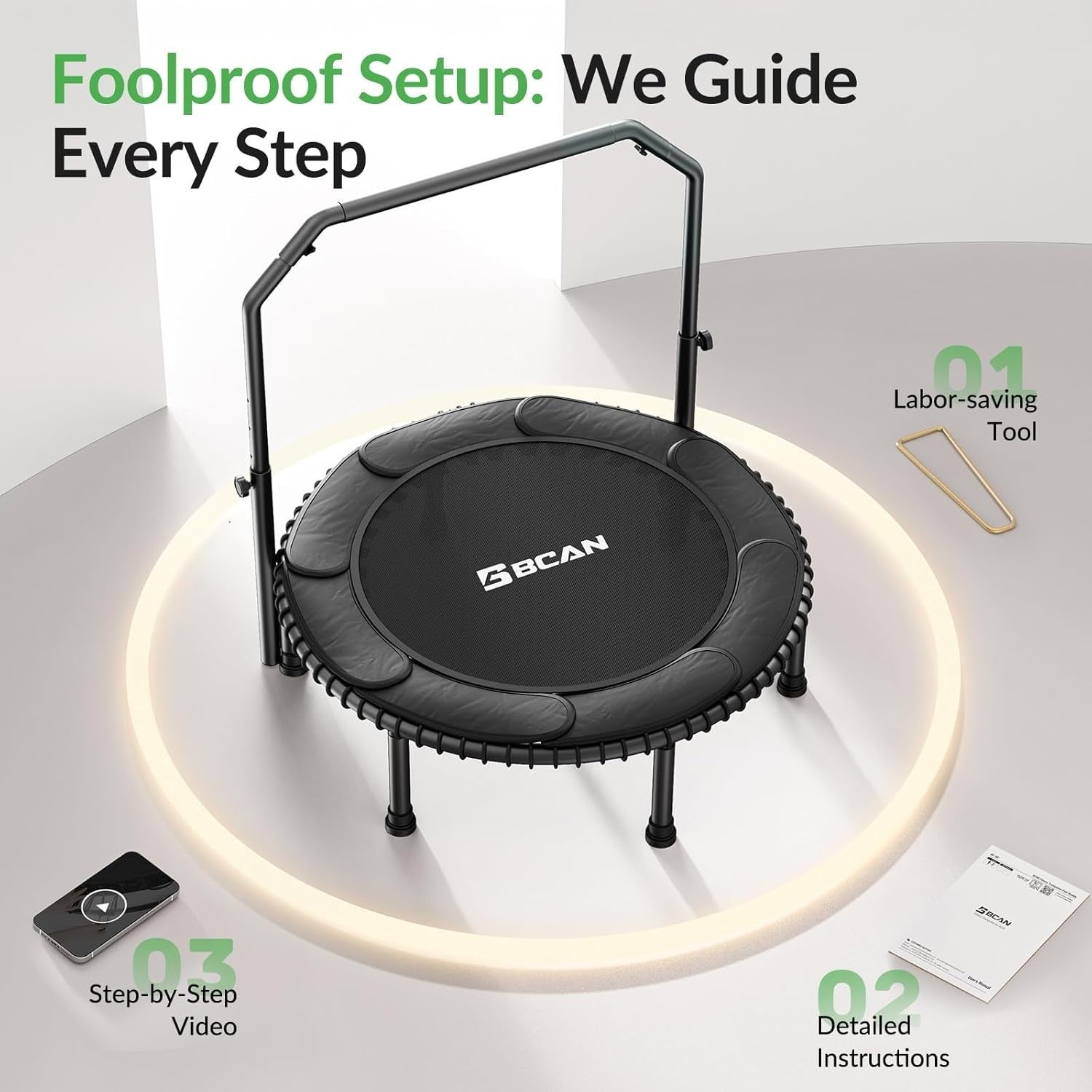 40in Foldable Rebounder Trampoline Adjustable Handle Silent 204KG