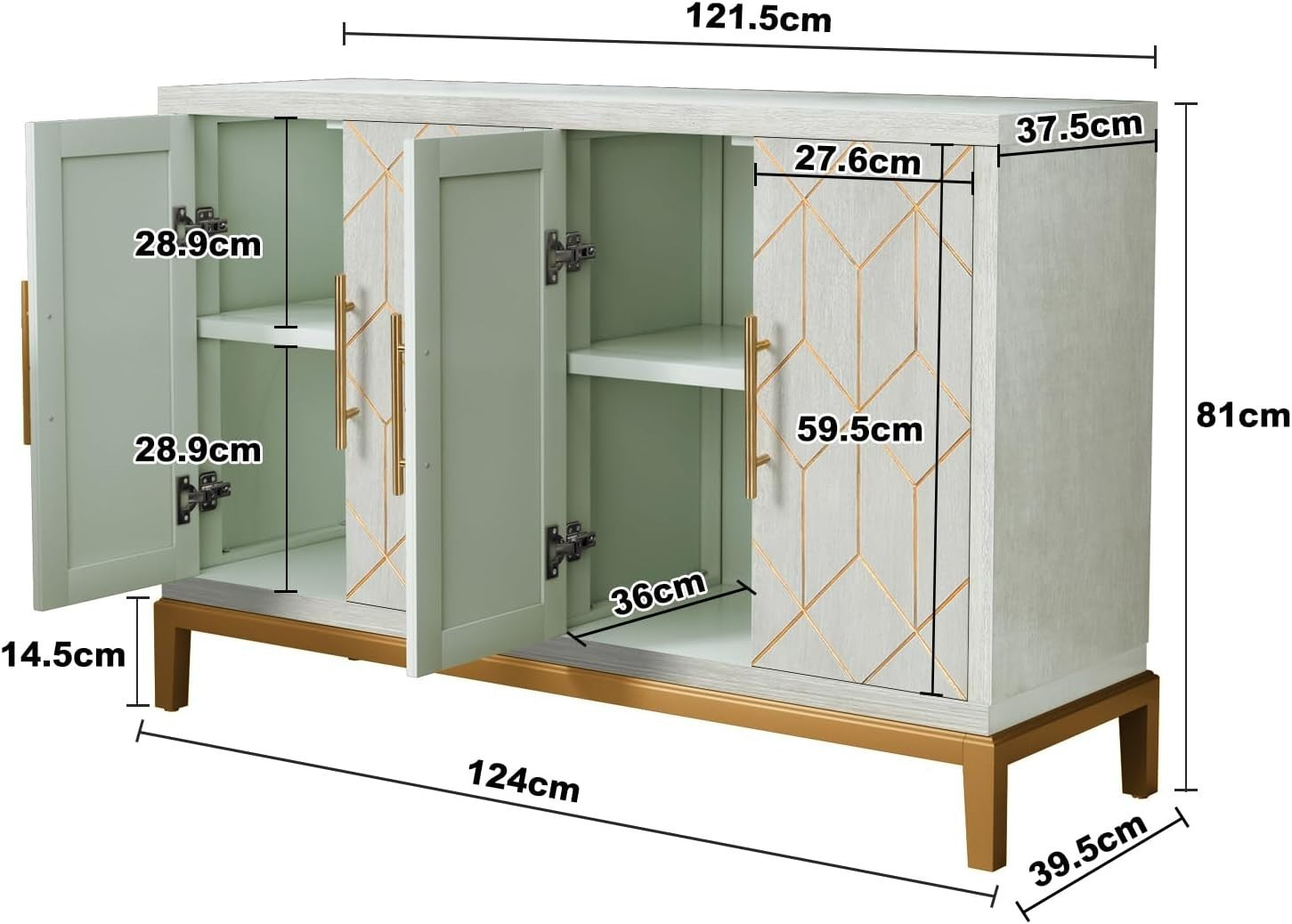 Luxury 4 Door Sideboard Cabinet Storage Unit Gold Trim Buffet Cupboard