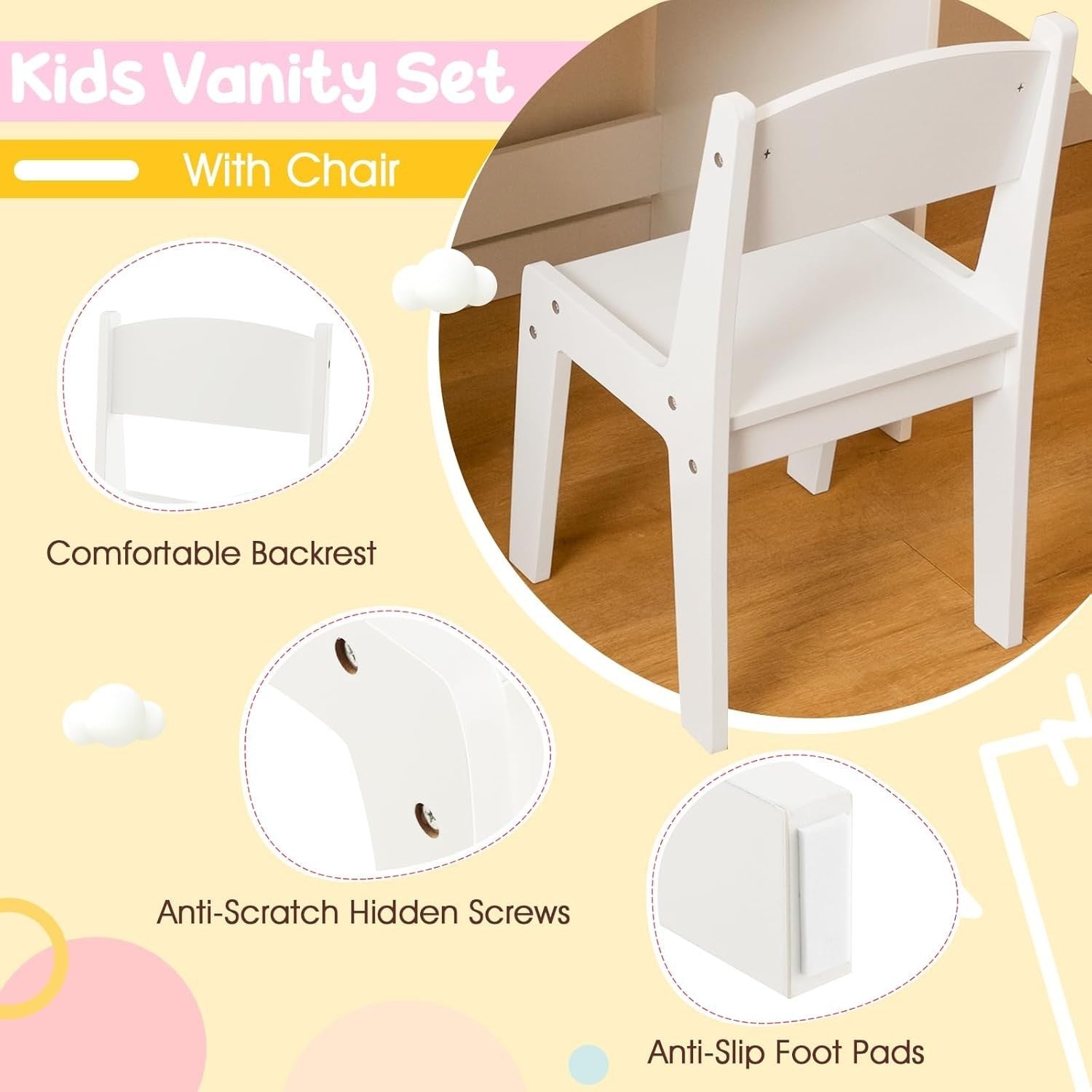 Kids Vanity Table Set with LED Mirror Drawer Shelves Cabinet & Stool White