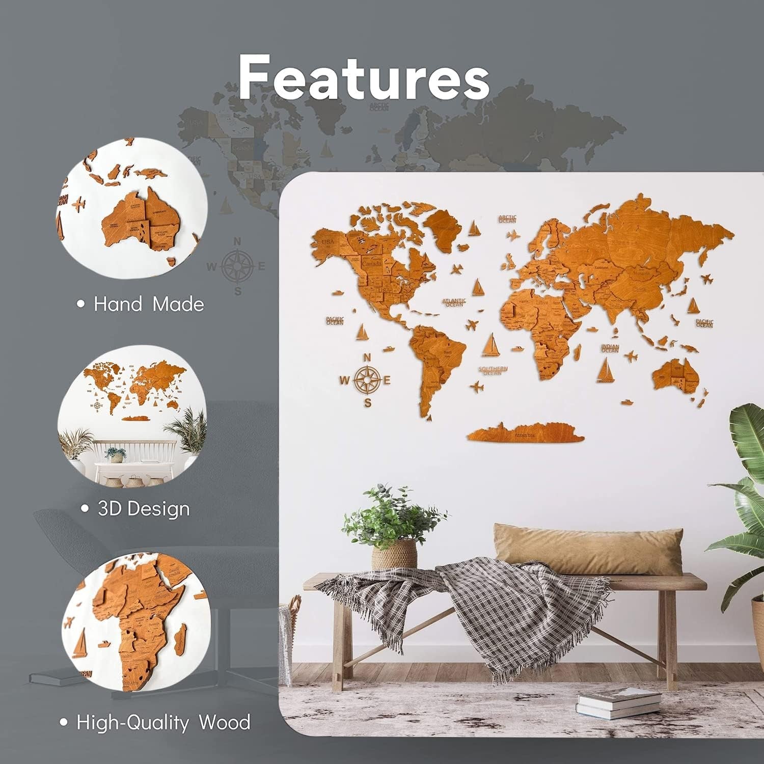 3D Wooden World Map Wall Art Walnut Large Home Office Decor