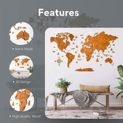 3D Wooden World Map Wall Art Walnut Large Home Office Decor