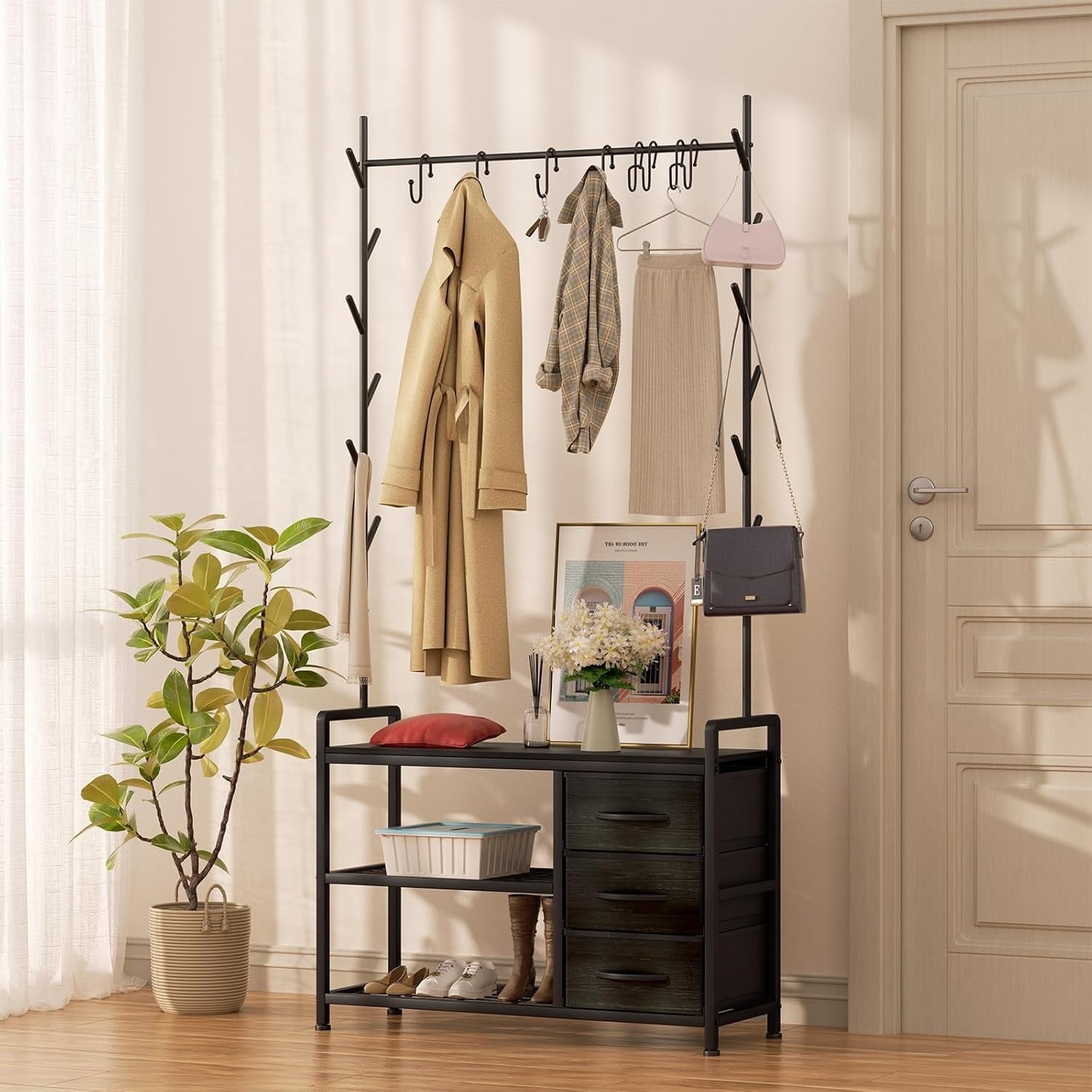 Industrial Coat Rack with Drawer & Shelves | Hall Tree Stand with 6 Hooks