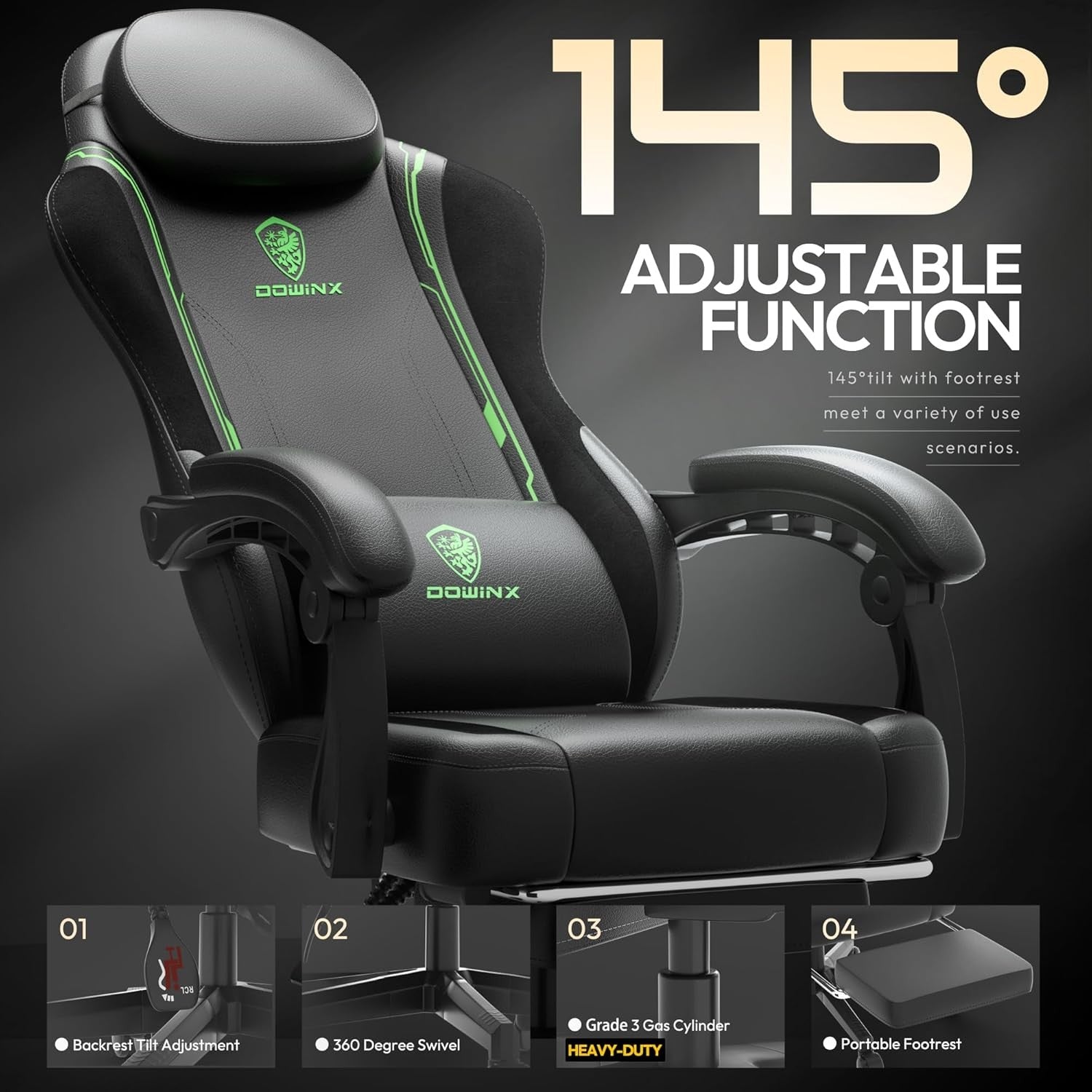 200kg Heavy Duty Gaming Chair Black Green w/ Footrest Massage