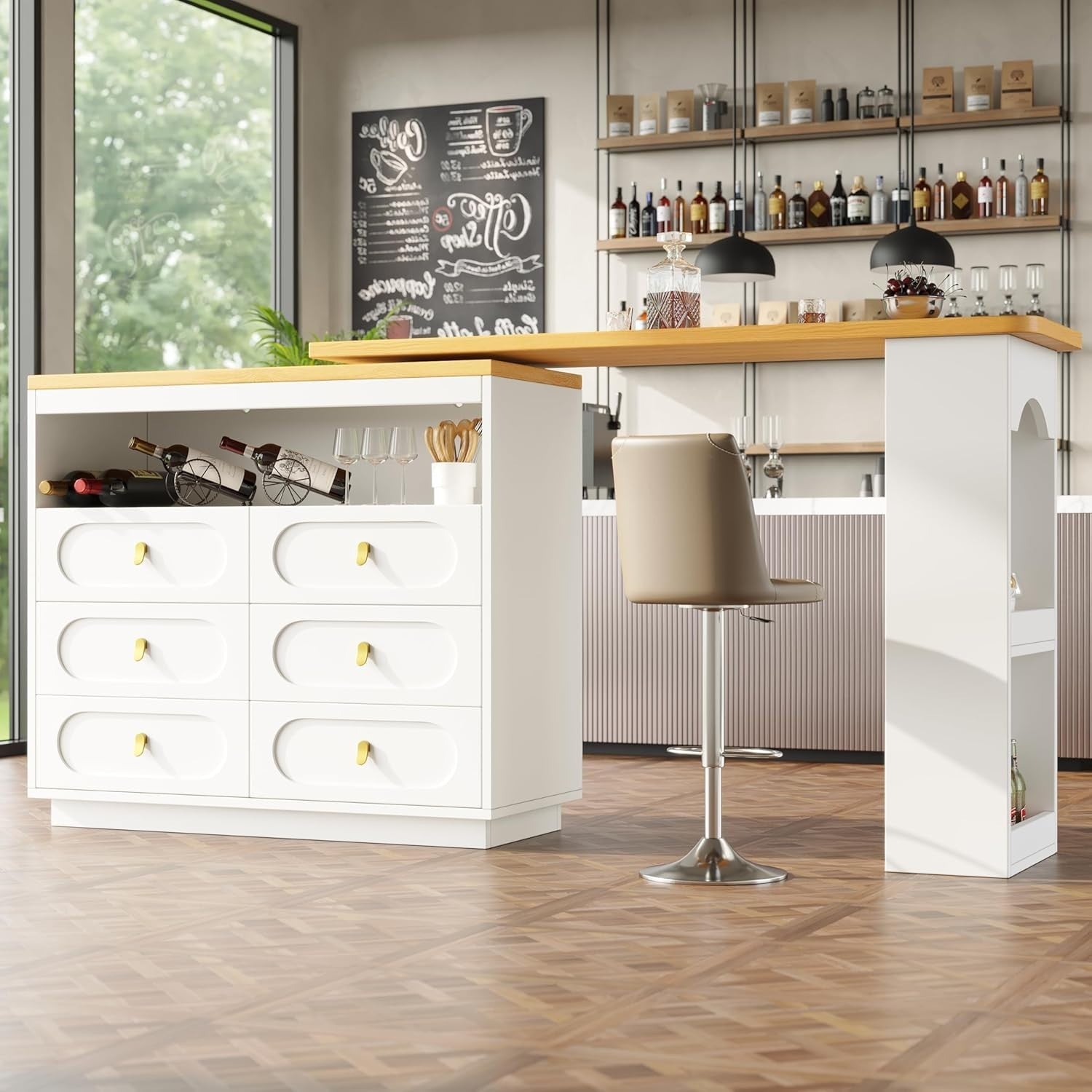 360° Swivel Bar Table w/ 6 Drawers & Storage Shelves Extendable White Furniture
