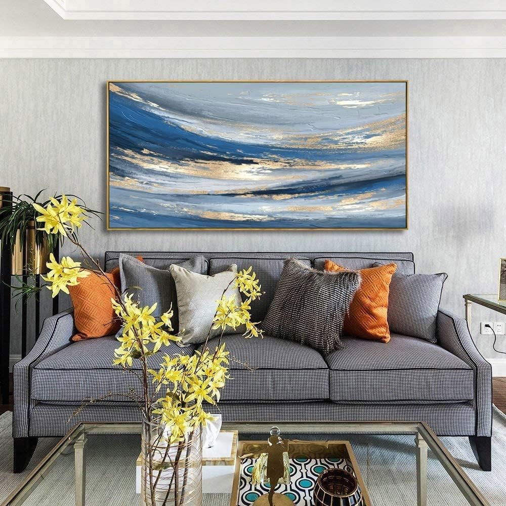 Blue Gold Abstract Canvas Wall Art – Large Framed Painting 40x20in