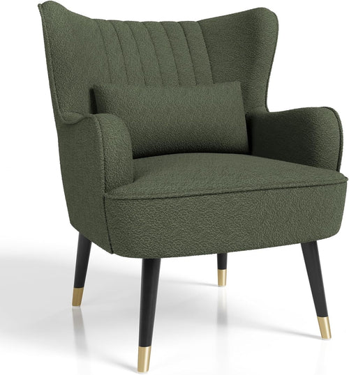 Modern Wingback Armchair Lounge Chair Teddy Fleece Accent Seat Green