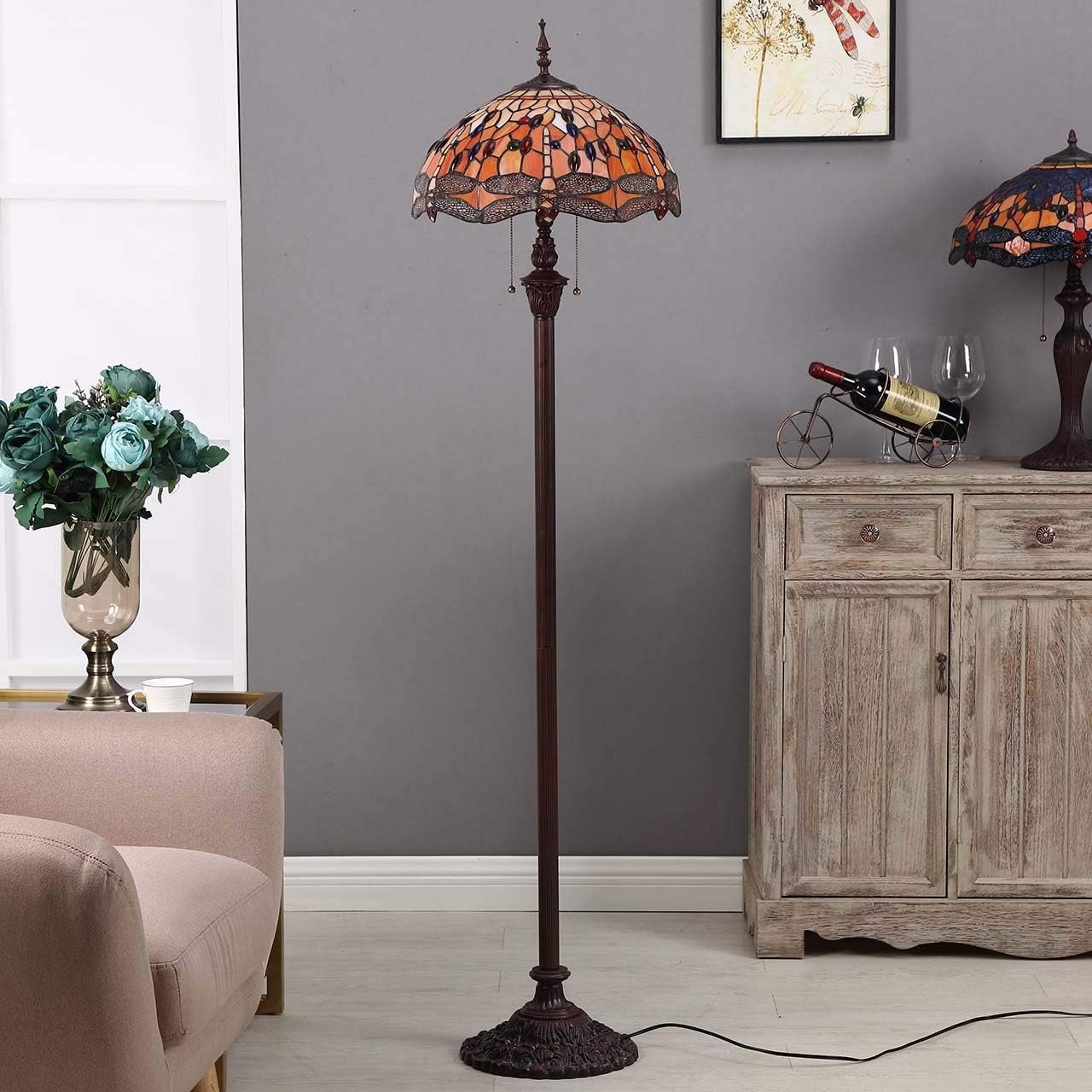 Stained Glass Dragonfly Floor Lamp 65" Tall, Handmade Shade, Antique Style