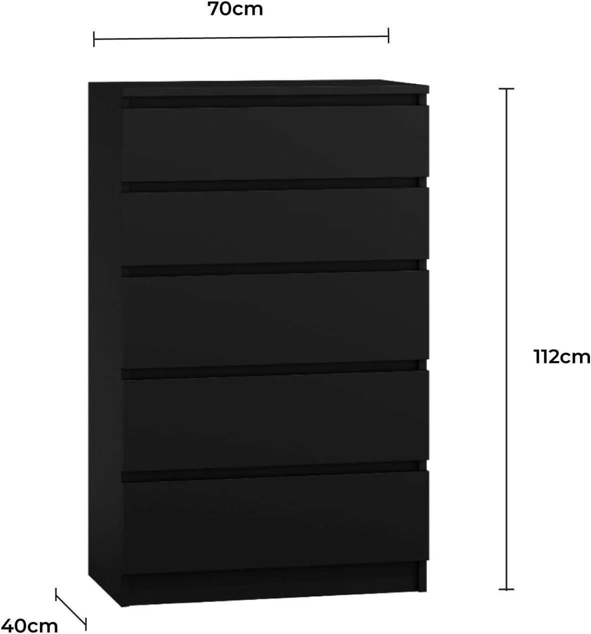 Modern 5 Drawer Tall Dresser - Large Storage, Bedroom Organizer, Matte Black