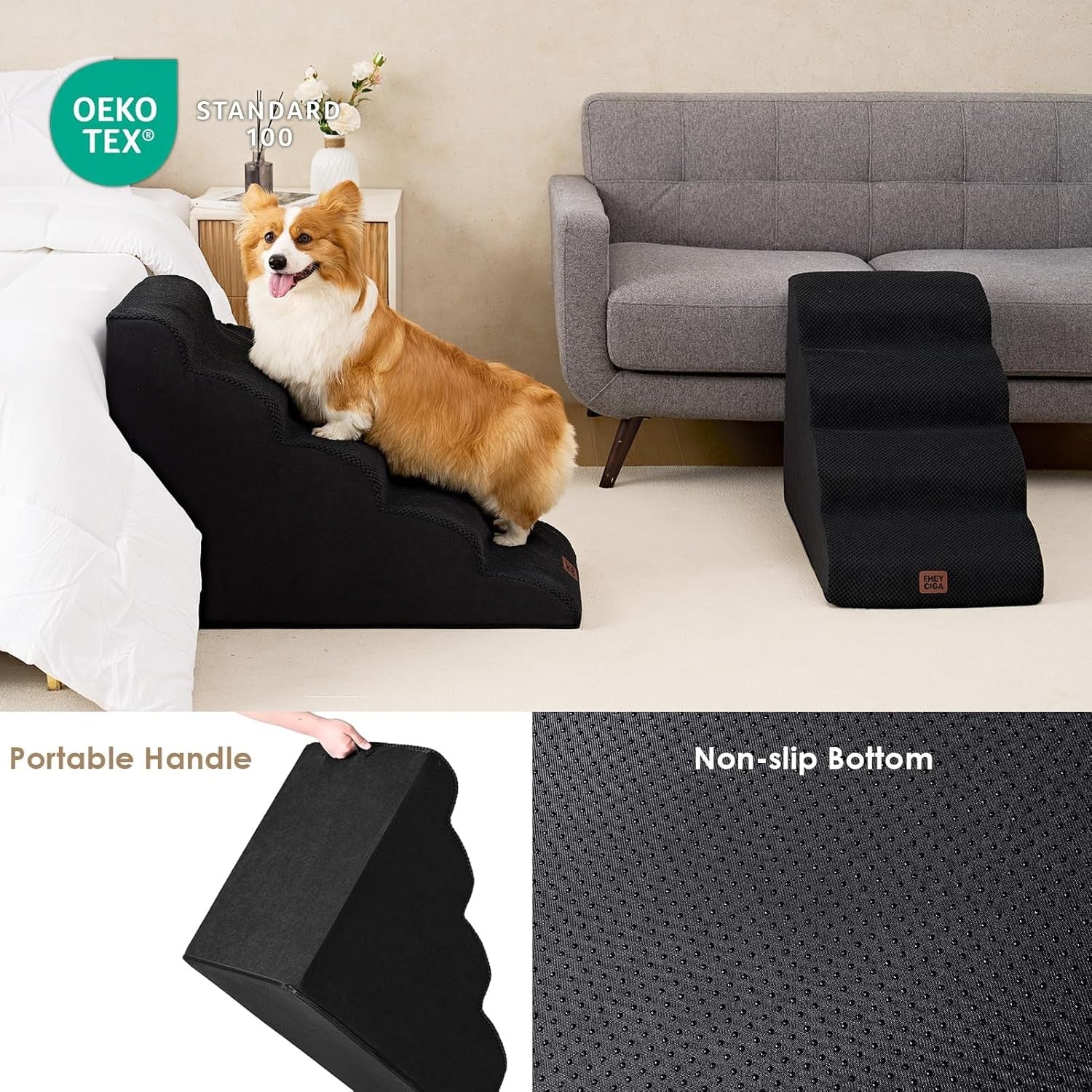 5 Step Dog Stairs for High Bed Non Slip Foam Pet Steps Washable Black