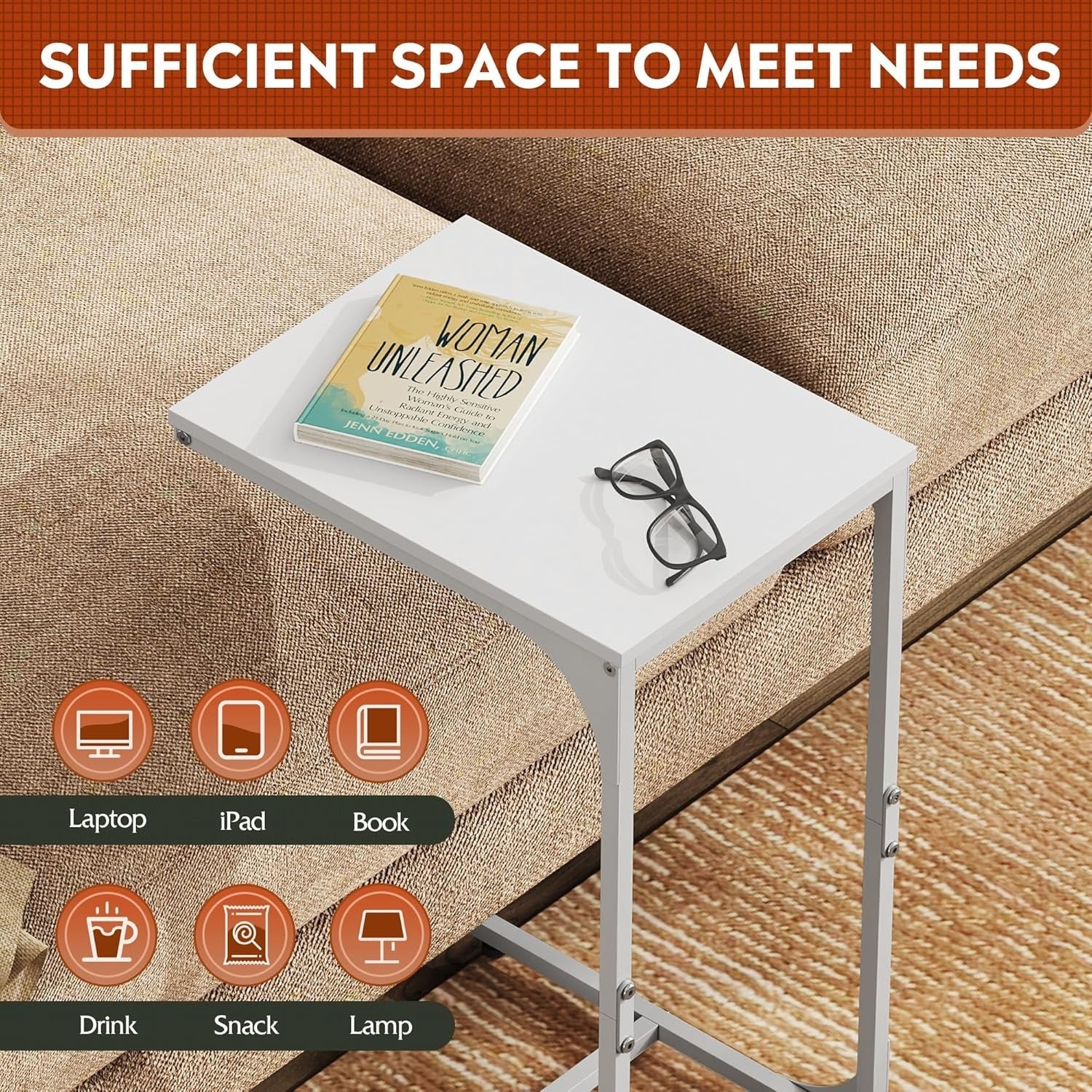 White C Shaped Side Table Sofa Bed Desk Small End Table for Compact Spaces