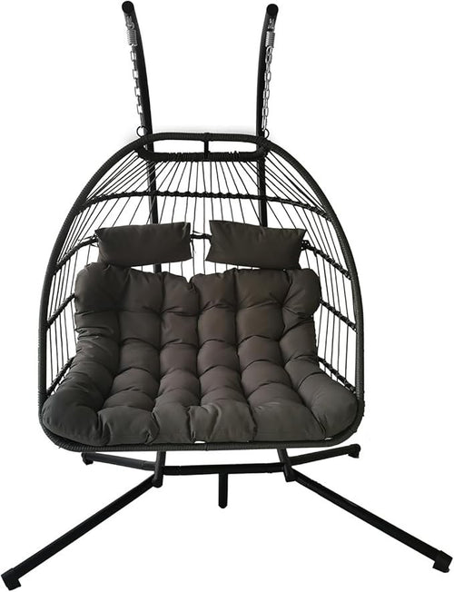 Foldable Double Egg Swing Chair with Stand, Rattan Hammock Seat, 240kg Capacity