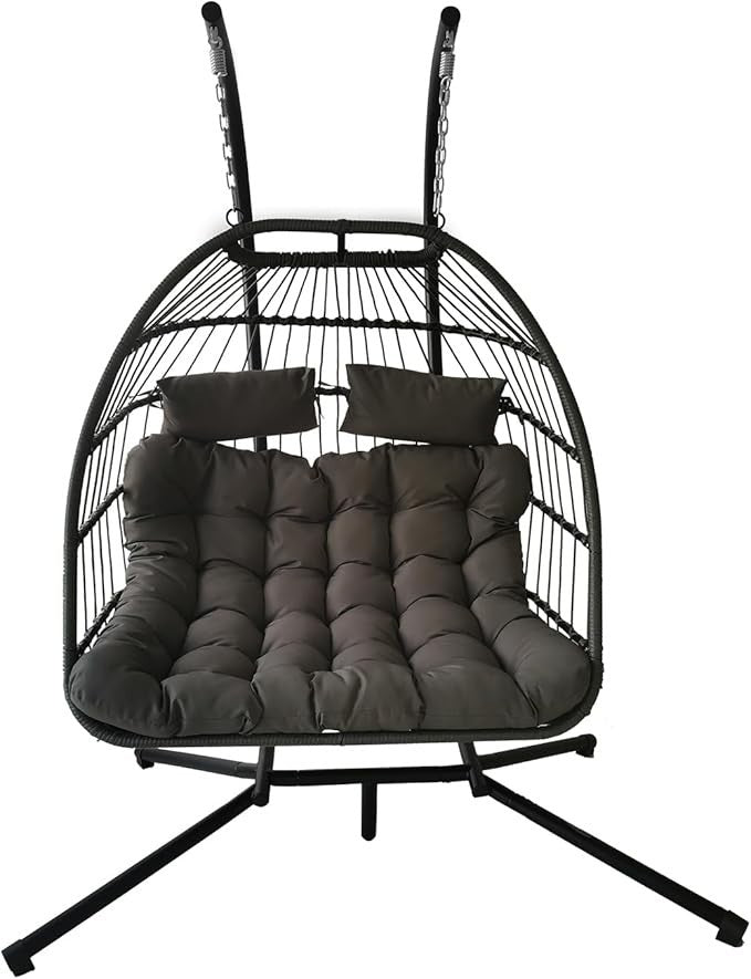 Foldable Double Egg Swing Chair with Stand, Rattan Hammock Seat, 240kg Capacity