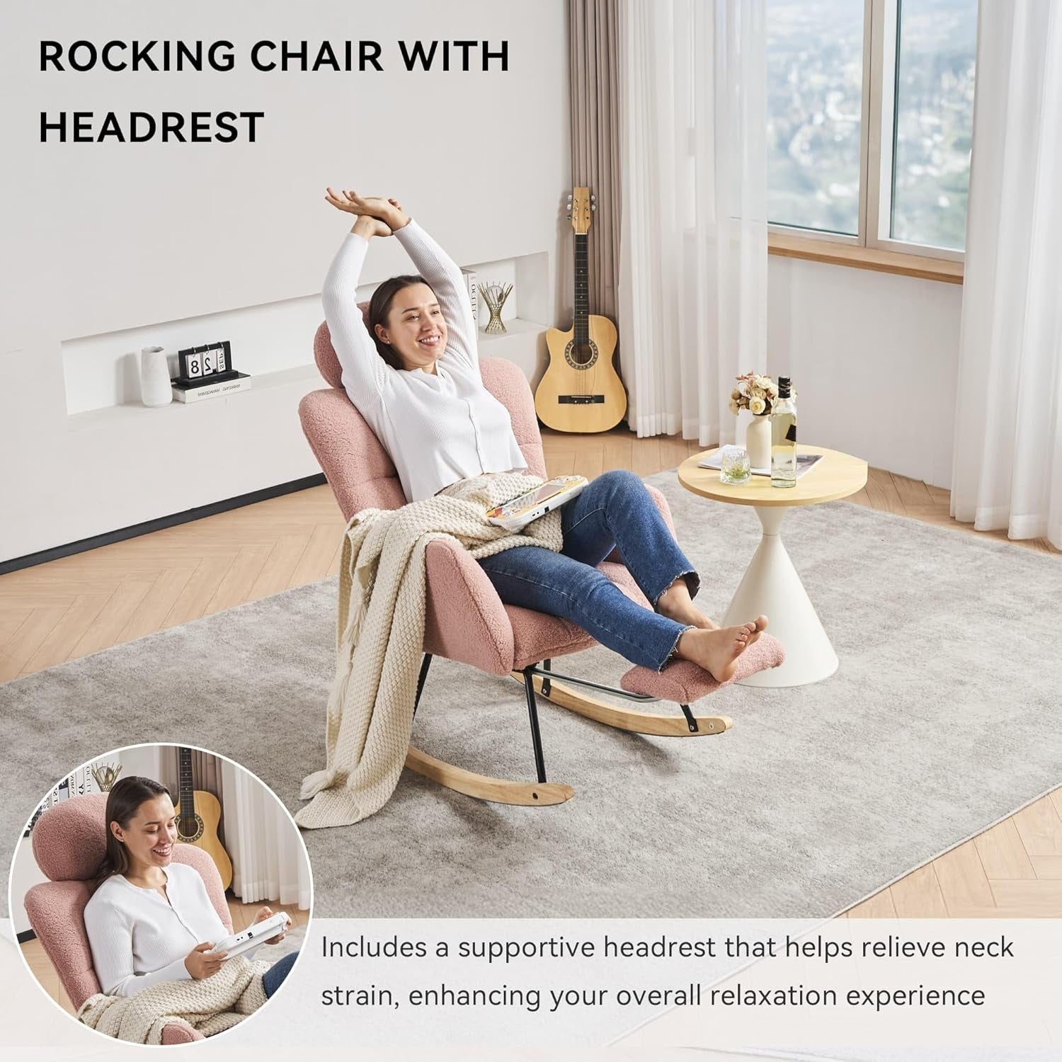 Pink Rocking Recliner Chair w/ Footrest & Headrest – Soft Teddy Armchair 125cm