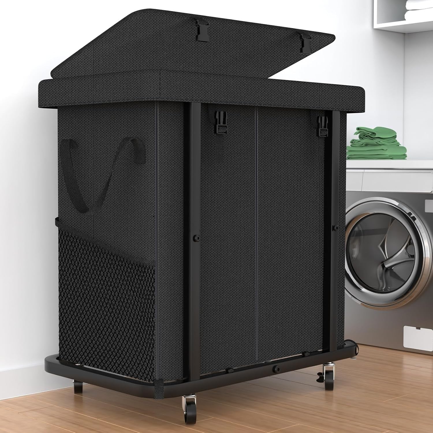 190L Large Rolling Laundry Hamper Black 2 Section Heavy Duty Basket on Wheels