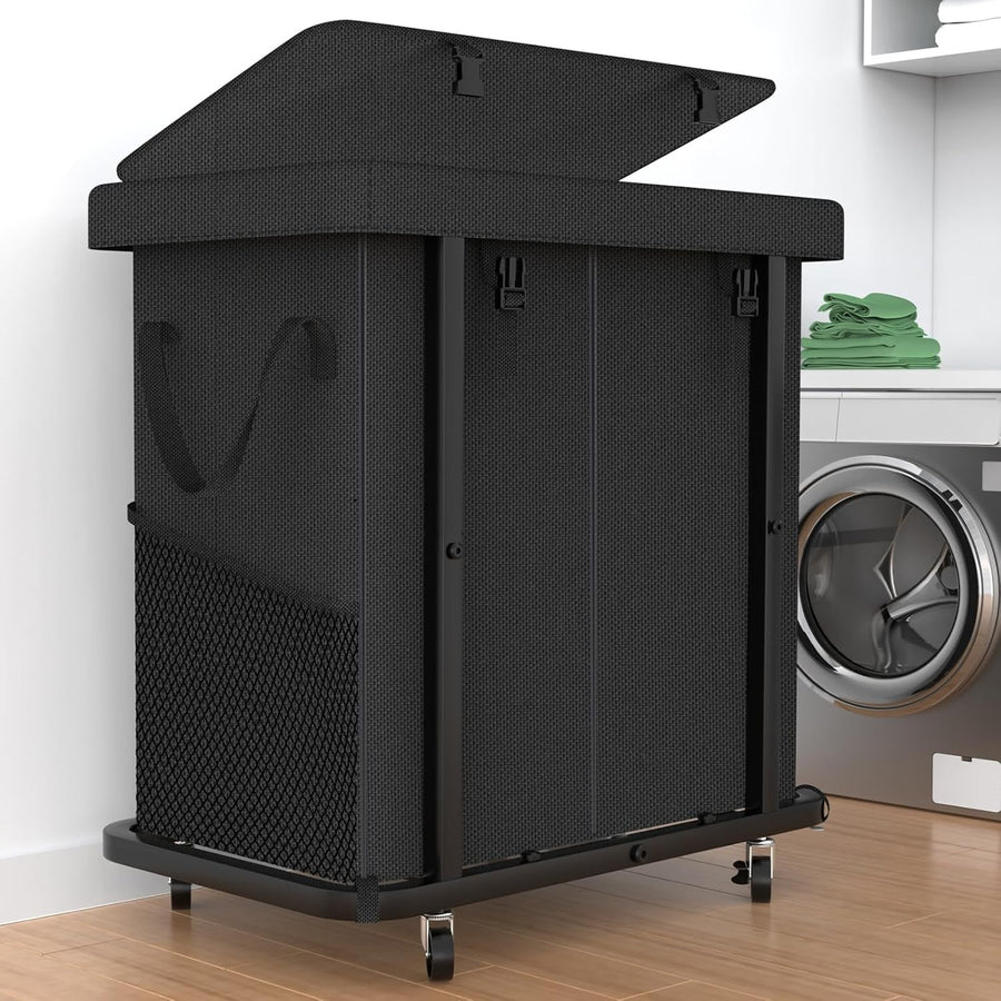 190L Large Rolling Laundry Hamper Black 2 Section Heavy Duty Basket on Wheels