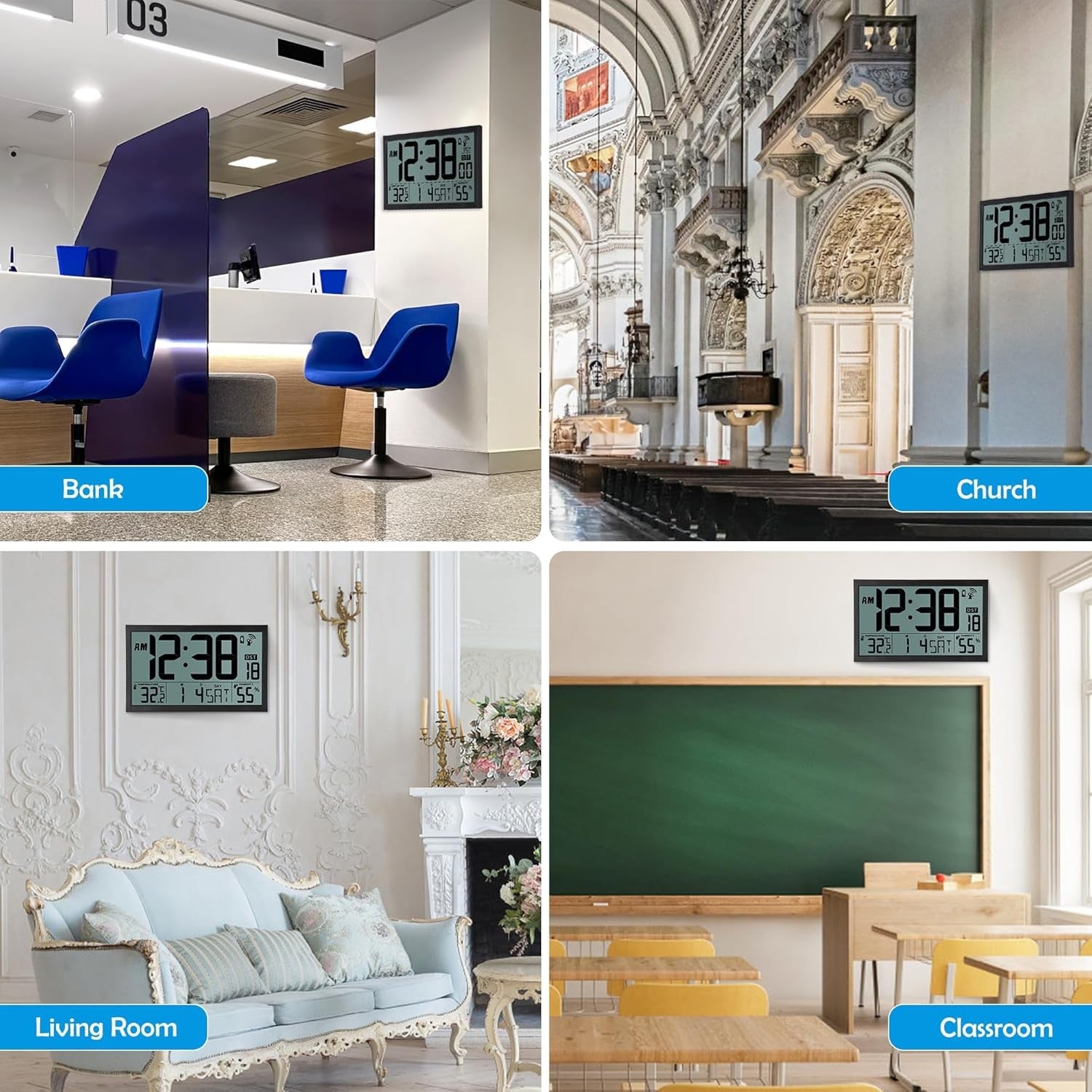 Large Digital Wall Clock 16.7” LCD Temperature Humidity Atomic Time