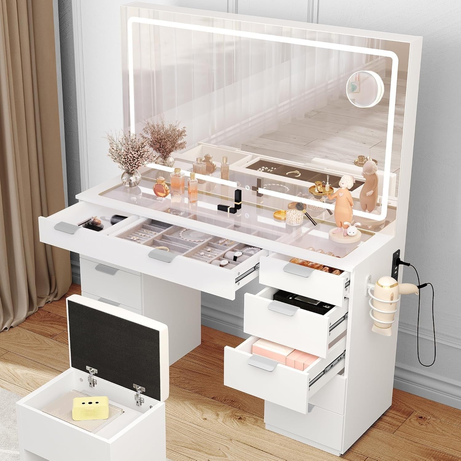 White Makeup Vanity Dressing Table Desk 11 Drawers Mirror LED Light Station