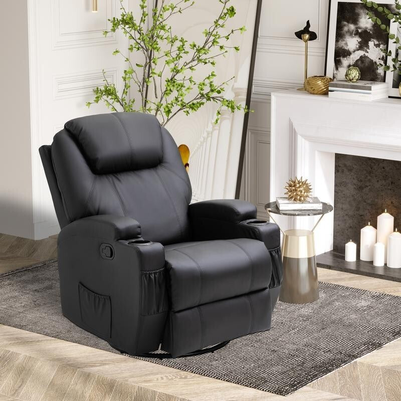 Recliner Massage Armchair PU Leather Swivel Rocking Chair w/ Remote & Cups