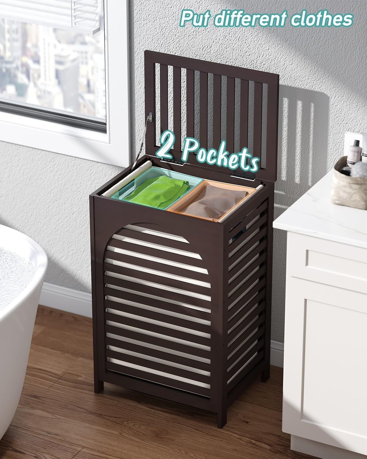 Large Bamboo Laundry Hamper with Lid & Liner | 85L Ventilated Clothes Basket Bro