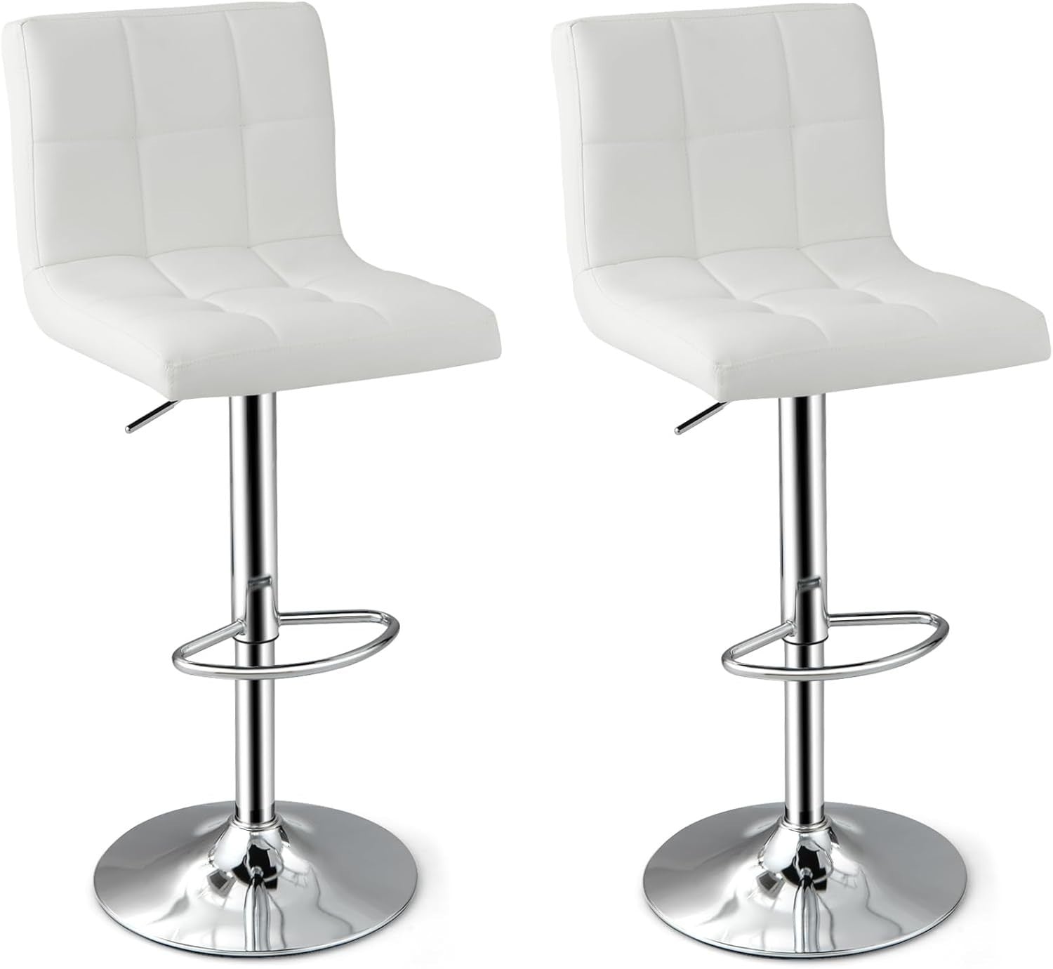 Set of 2 Adjustable White PU Leather Bar Stools with Swivel & Footrest