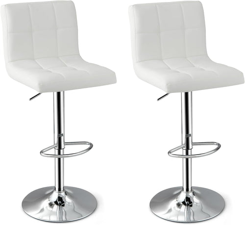 Set of 2 Adjustable White PU Leather Bar Stools with Swivel & Footrest