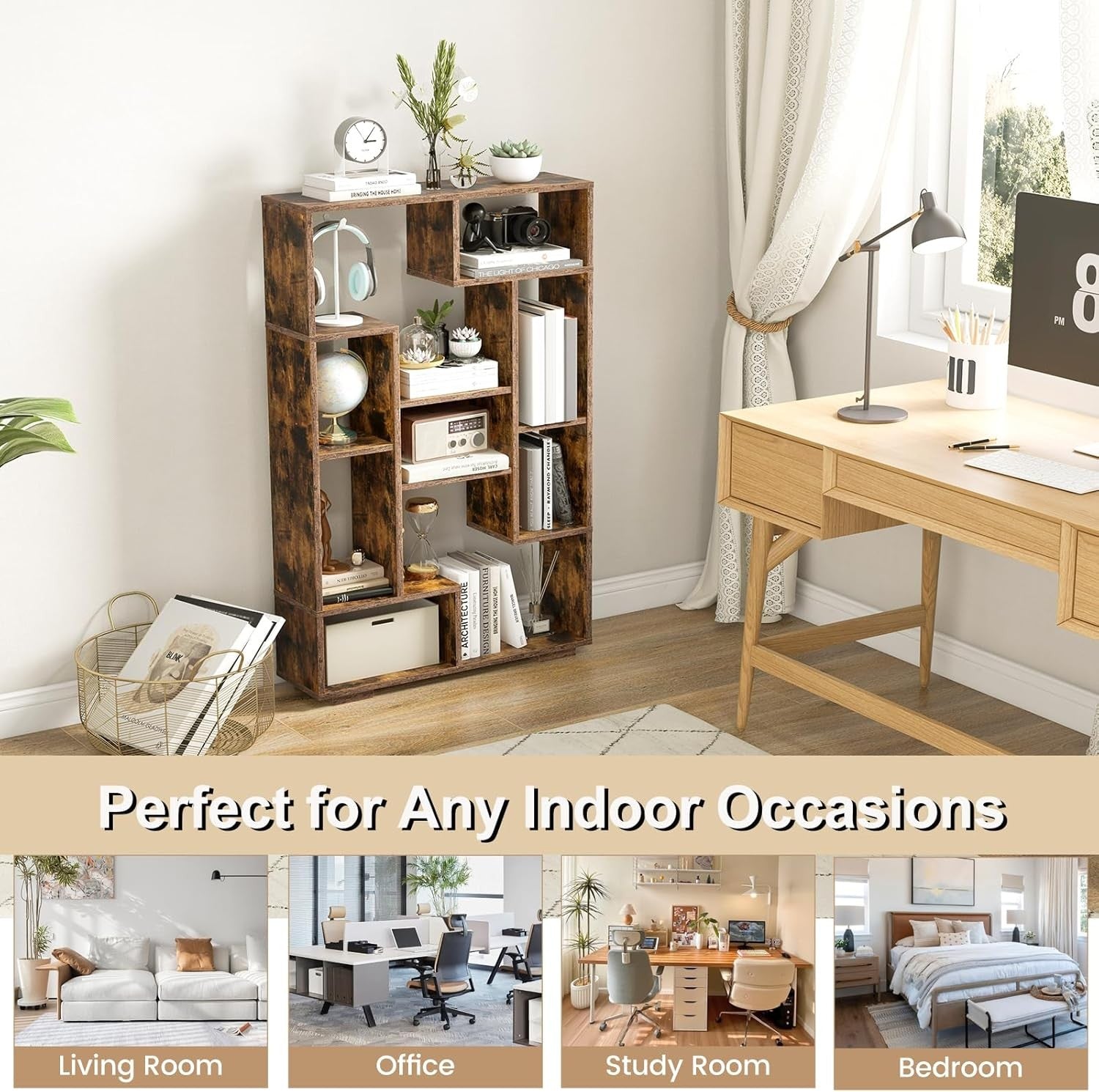 11-Cube Geometric Bookcase Rustic Brown | Modern Freestanding Display Storage