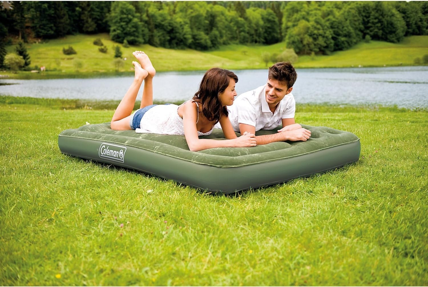 Double Inflatable Air Bed Green Flocked Camping Mattress 12V Electric Pump