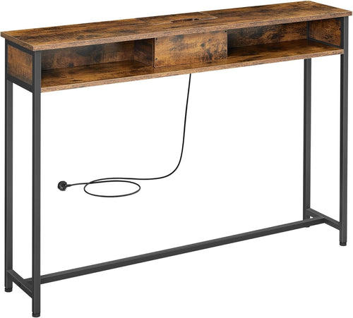 Slim Console Table with Charging Station, USB Ports, Rustic Brown, 120cm