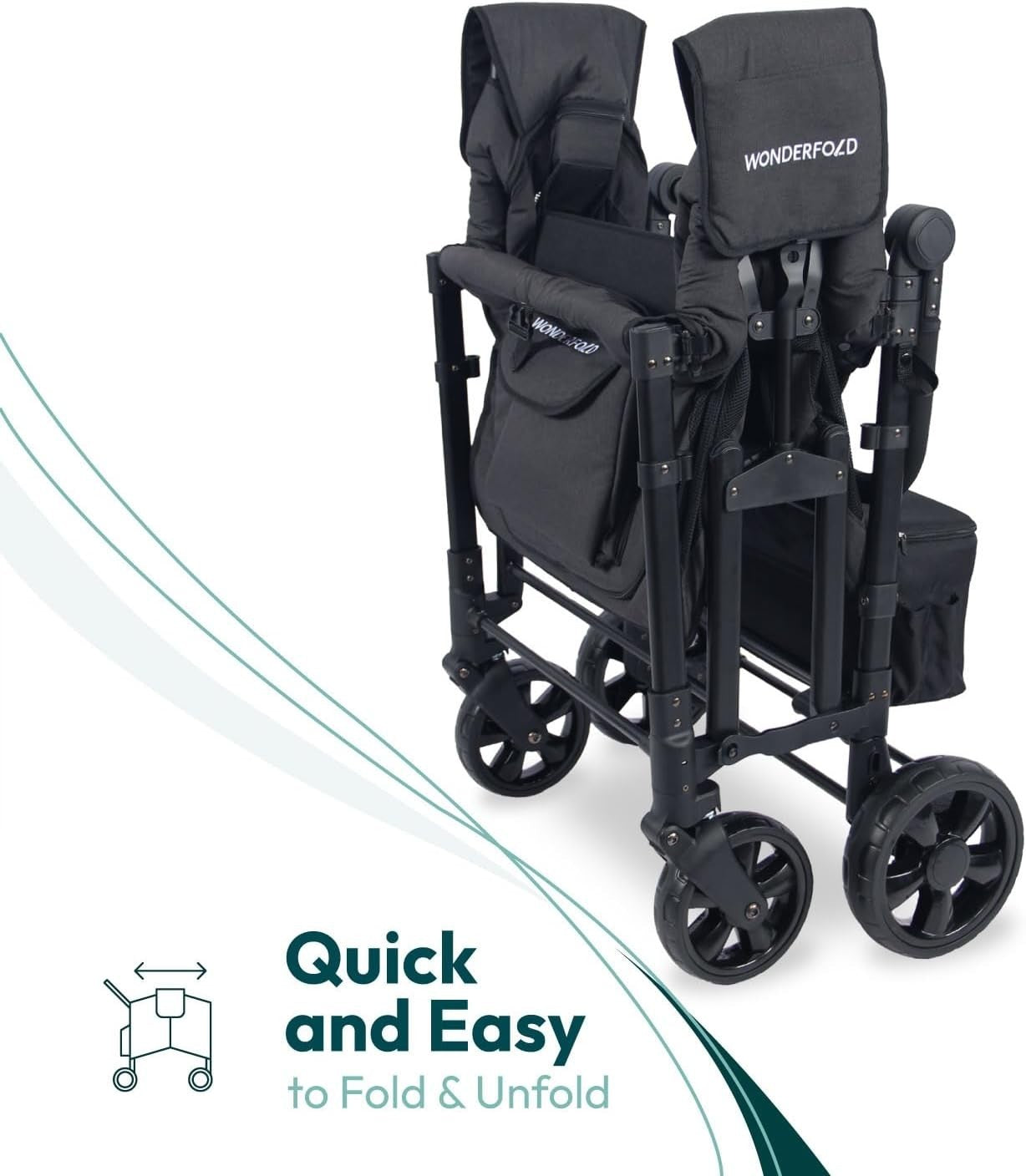 4-Seater Folding Stroller Wagon Volcanic Black w/ Canopy All-Terrain Wheels