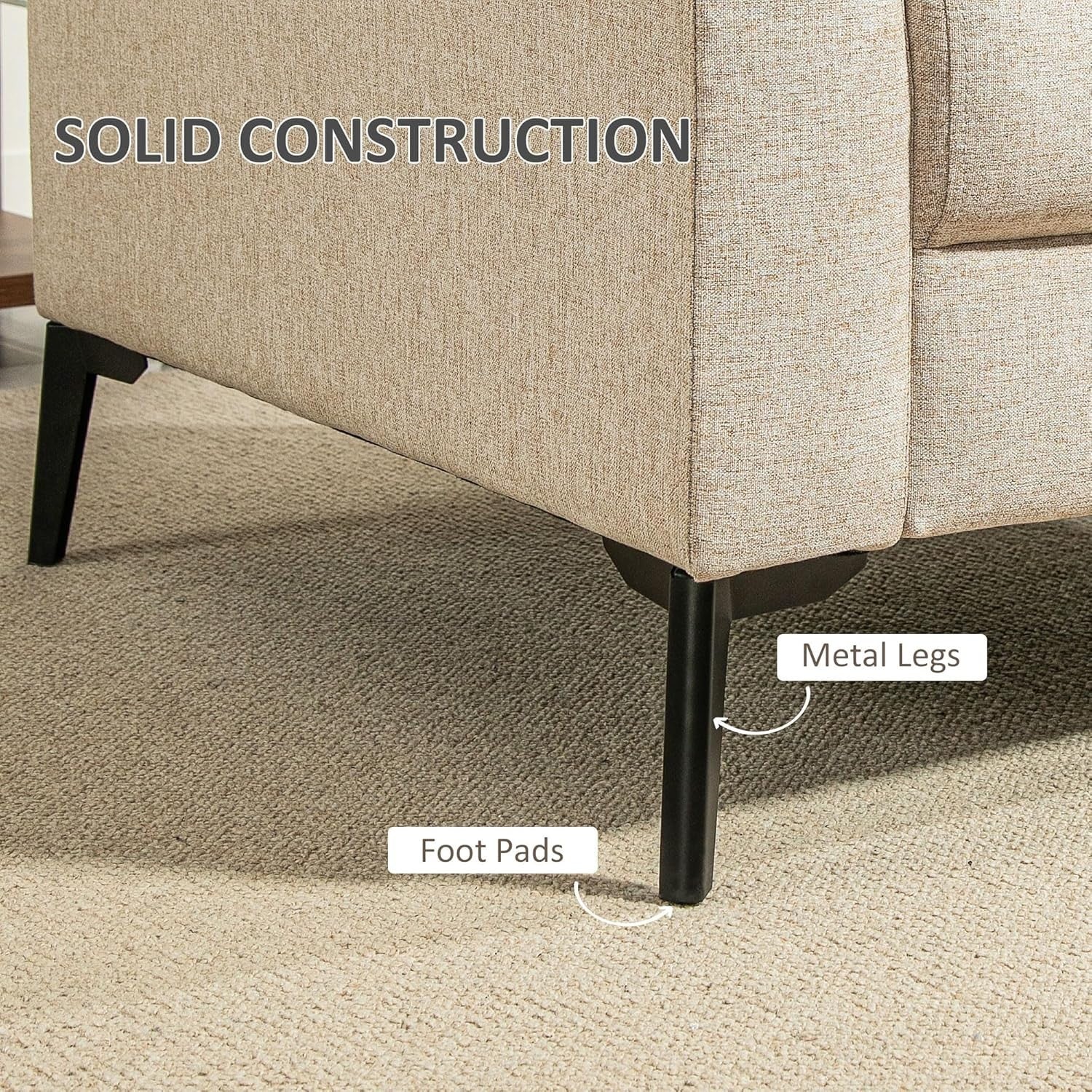 Beige Linen Armchair with Padded Seat & Metal Legs for Lounge or Office
