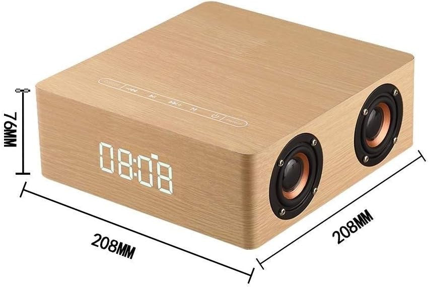 Wooden Bluetooth Alarm Clock Speaker LED Display Snooze Bedside Brown