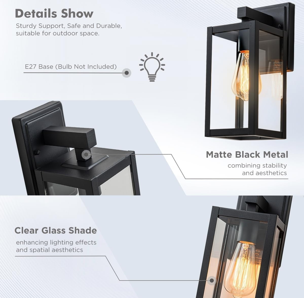 Black Outdoor Wall Lantern E27 IP44 Waterproof Modern Garden Light
