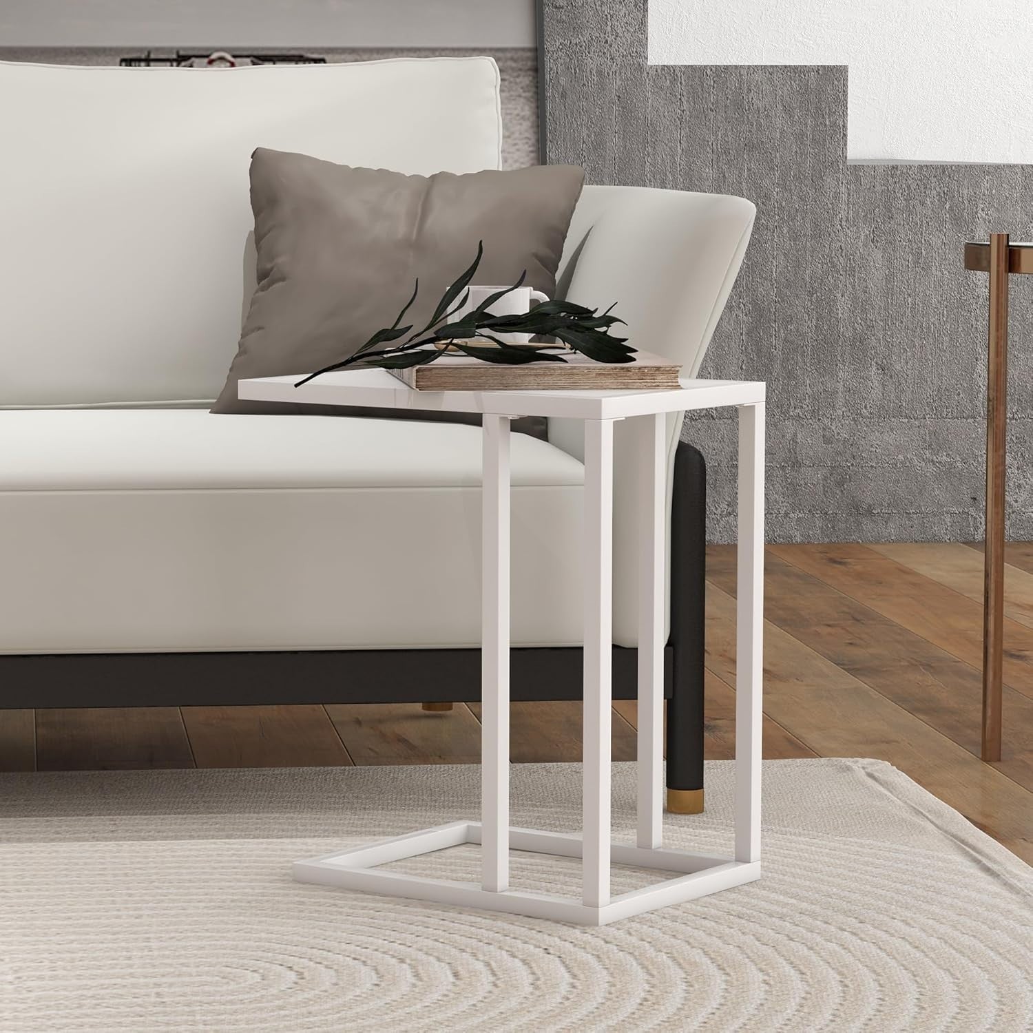 White Wood C Shape Sofa Side Table | Narrow Metal Frame Snack Coffee Table