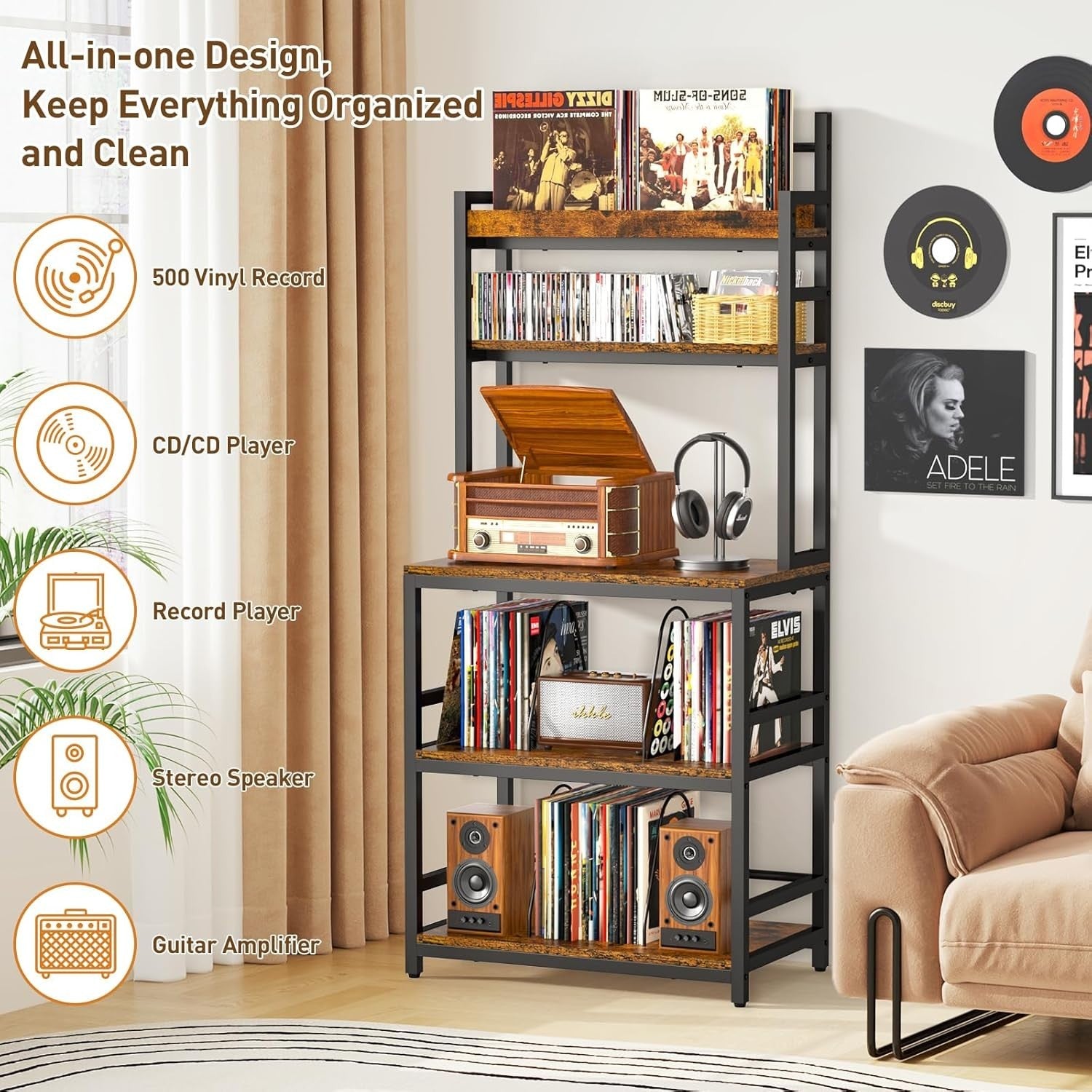 5 Tier Record Player Stand Vinyl Storage Rack CD DVD Media Shelf