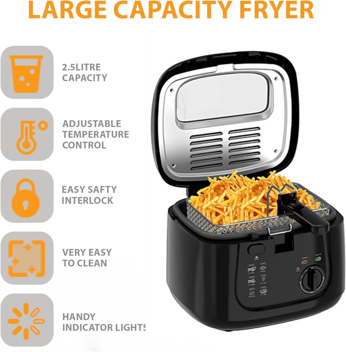 2.5L Deep Fat Fryer 1800W Adjustable Temp Viewing Window Compact