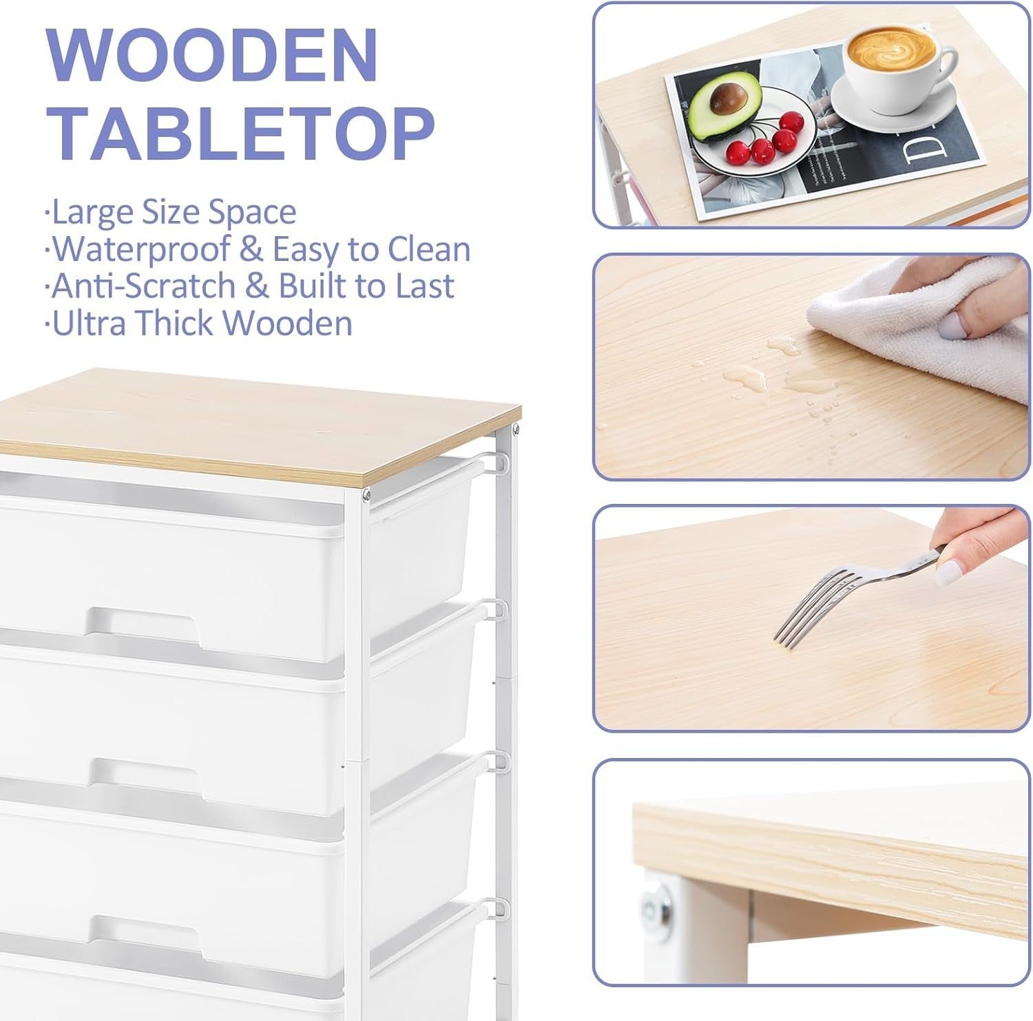 4 Drawer Utility Storage Cart Mobile Organizer w/ Wheels Wooden Top