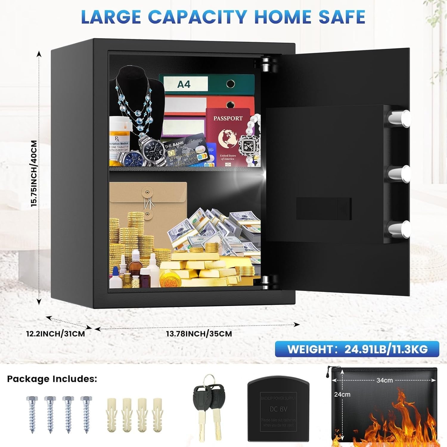 43L Fireproof Safe Box Digital Keypad Security Safe with Document Bag