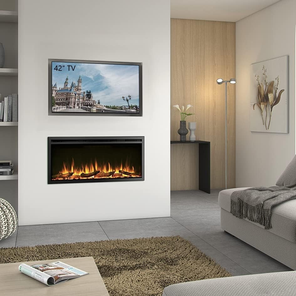 Wall Mount Electric Fireplace Slim Frame 750W-1500W Multi Flame Colors