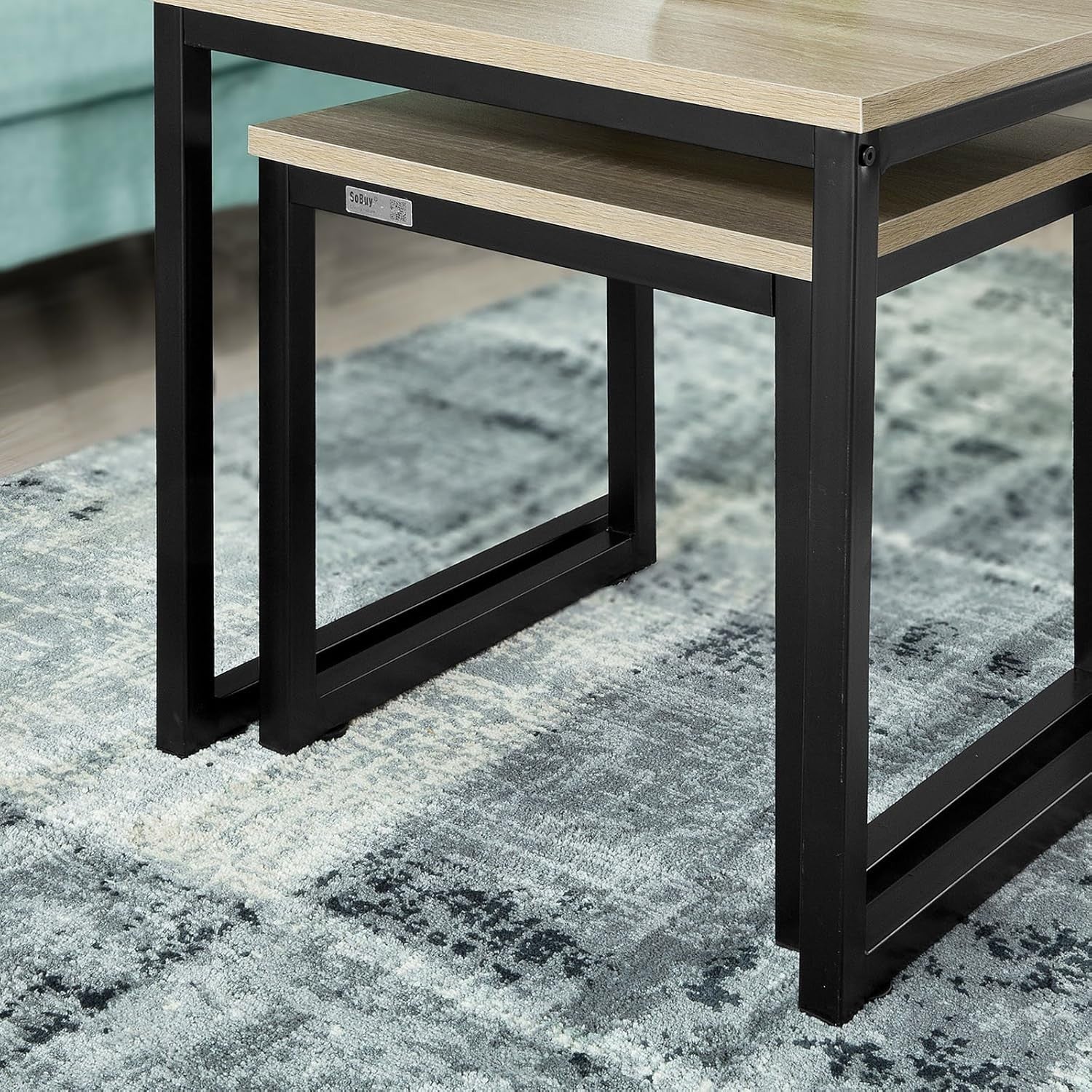 2pc Nested End Tables Natural Wood & Black Metal Frame Coffee Side Lamp Set