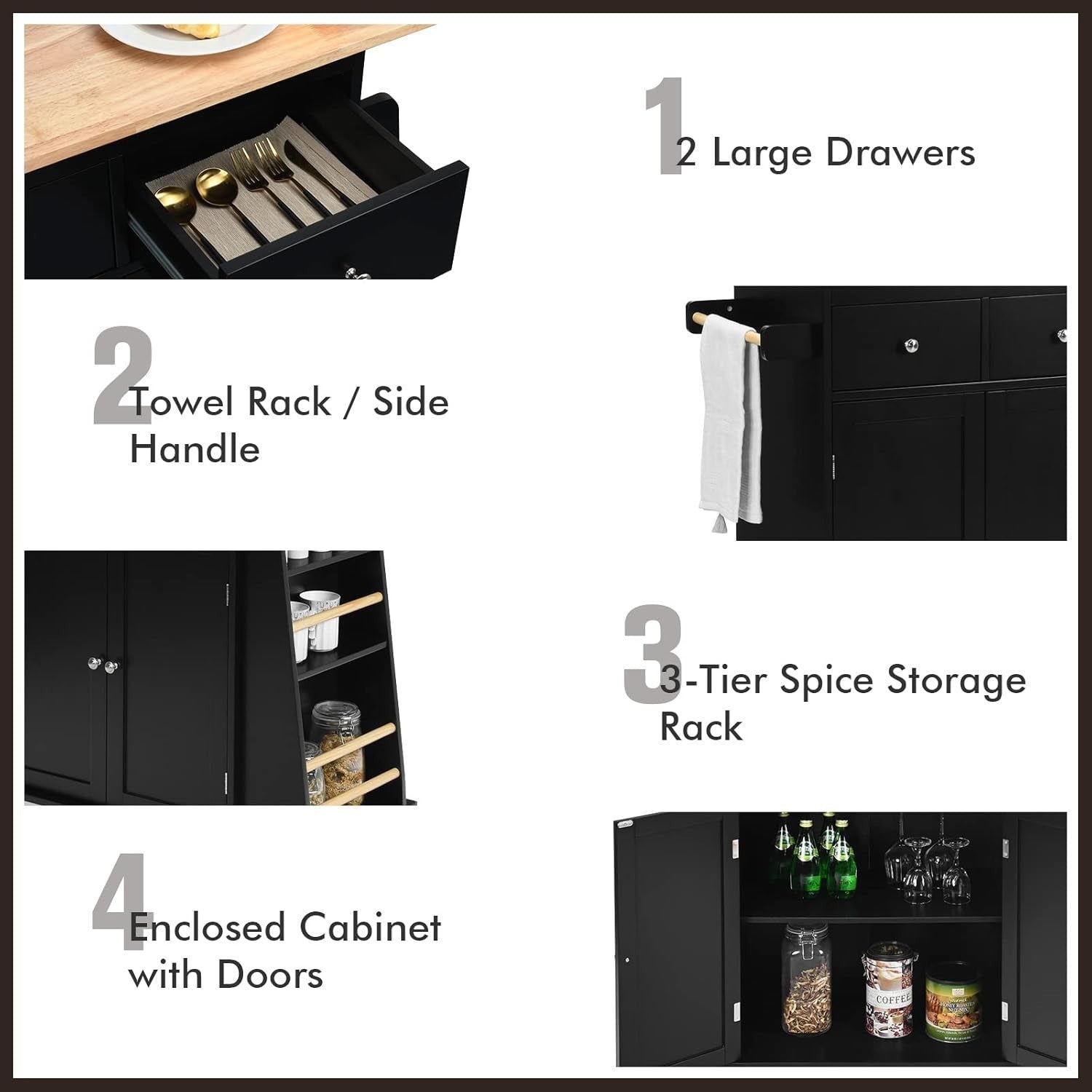 Mobile Kitchen Island Cart with Rubber Wood Countertop, Lockable Wheels Black