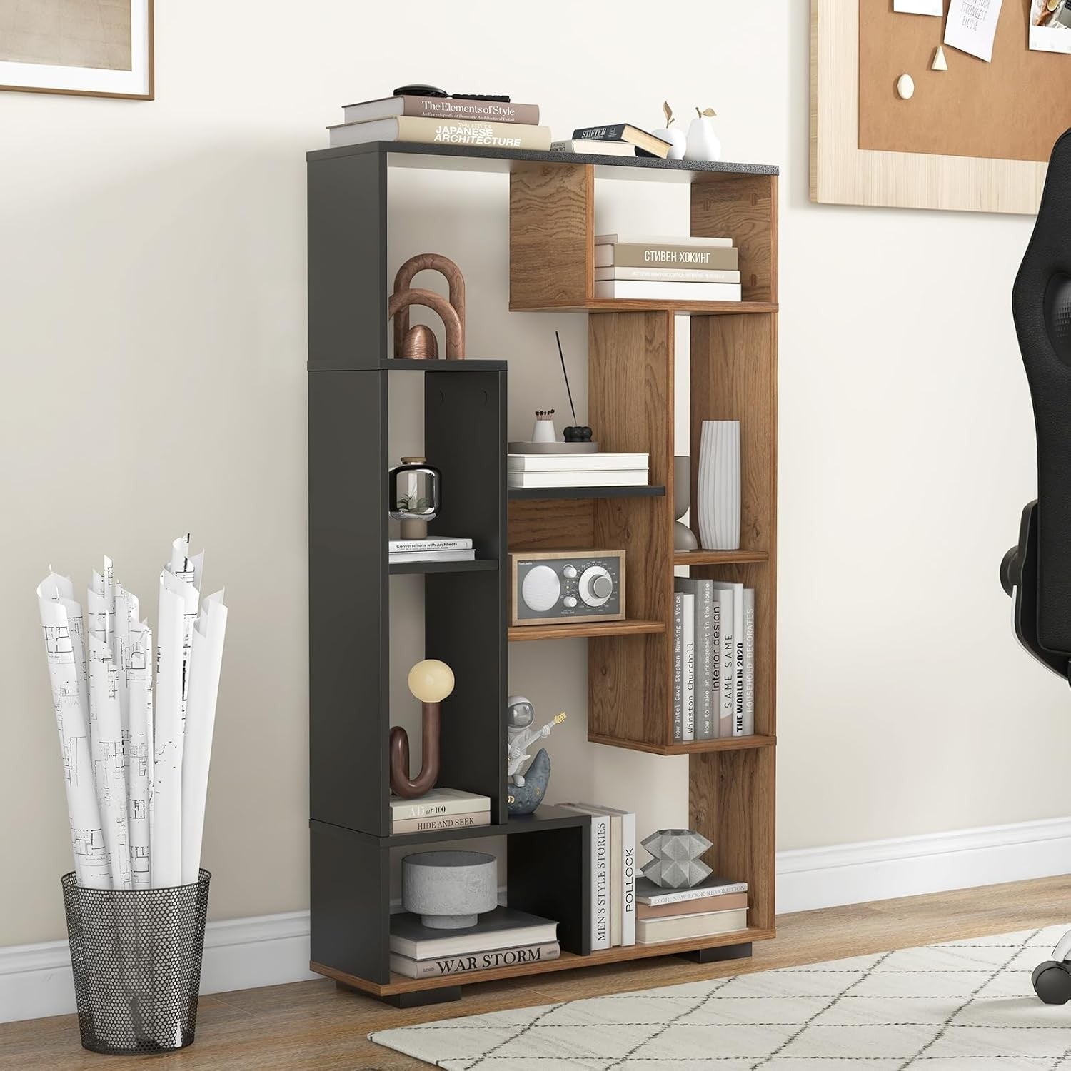 11-Cube Geometric Bookcase Black Natural | Modern Freestanding Display Storage