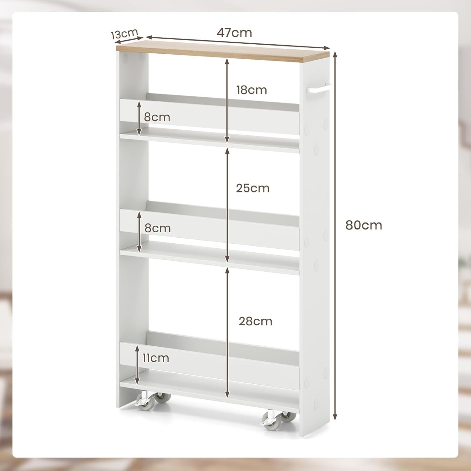 Slim 4 Tier Rolling Storage Trolley 13cm Slide Out Cart White