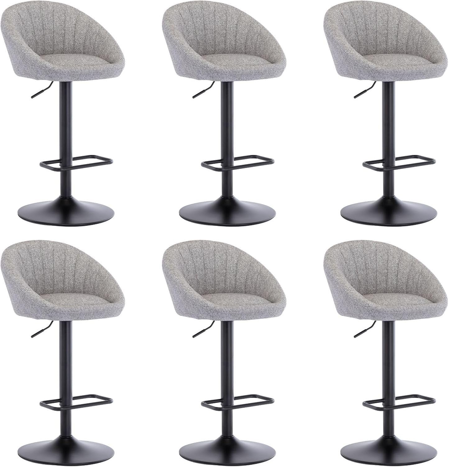Set of 6 Grey Fabric Bar Stools Adjustable Swivel Counter Chairs