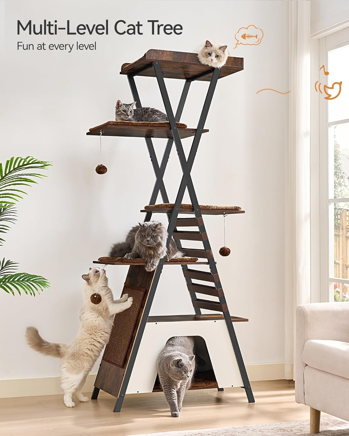 Modern Cat Tree Tower 184cm Multi Level Condo Scratcher with Ladder & Caves