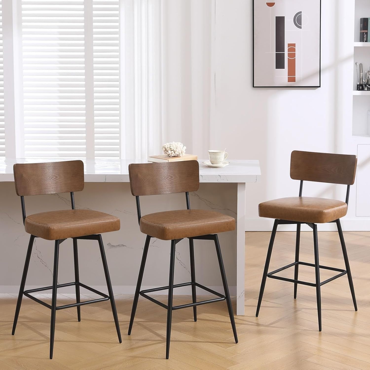 Swivel Bar Stools Set of 2 PU Leather Wood Back 65cm Seat