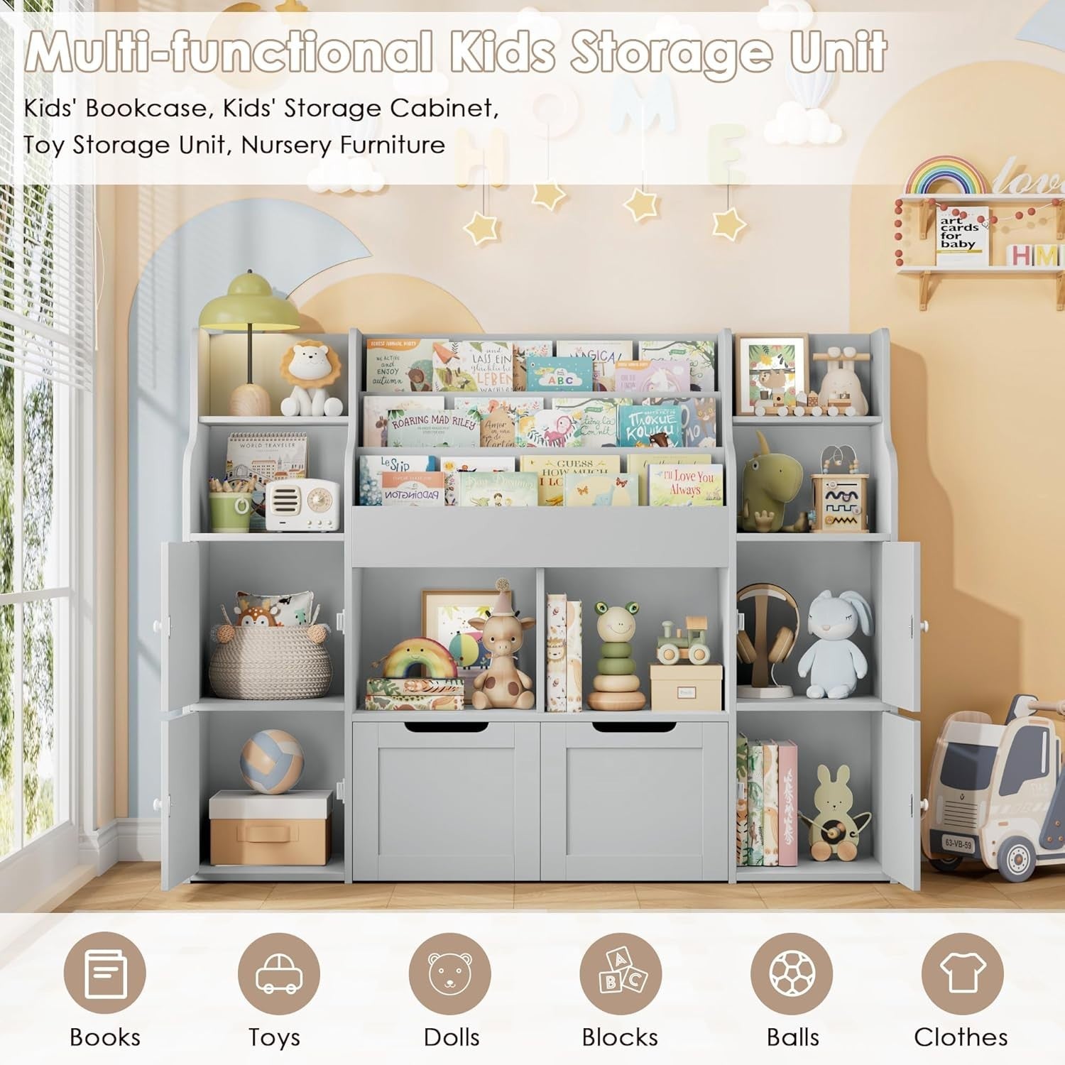 3-Tier Kids Toy Storage Unit with Drawers & Doors, Bookshelf 122x30x100cm