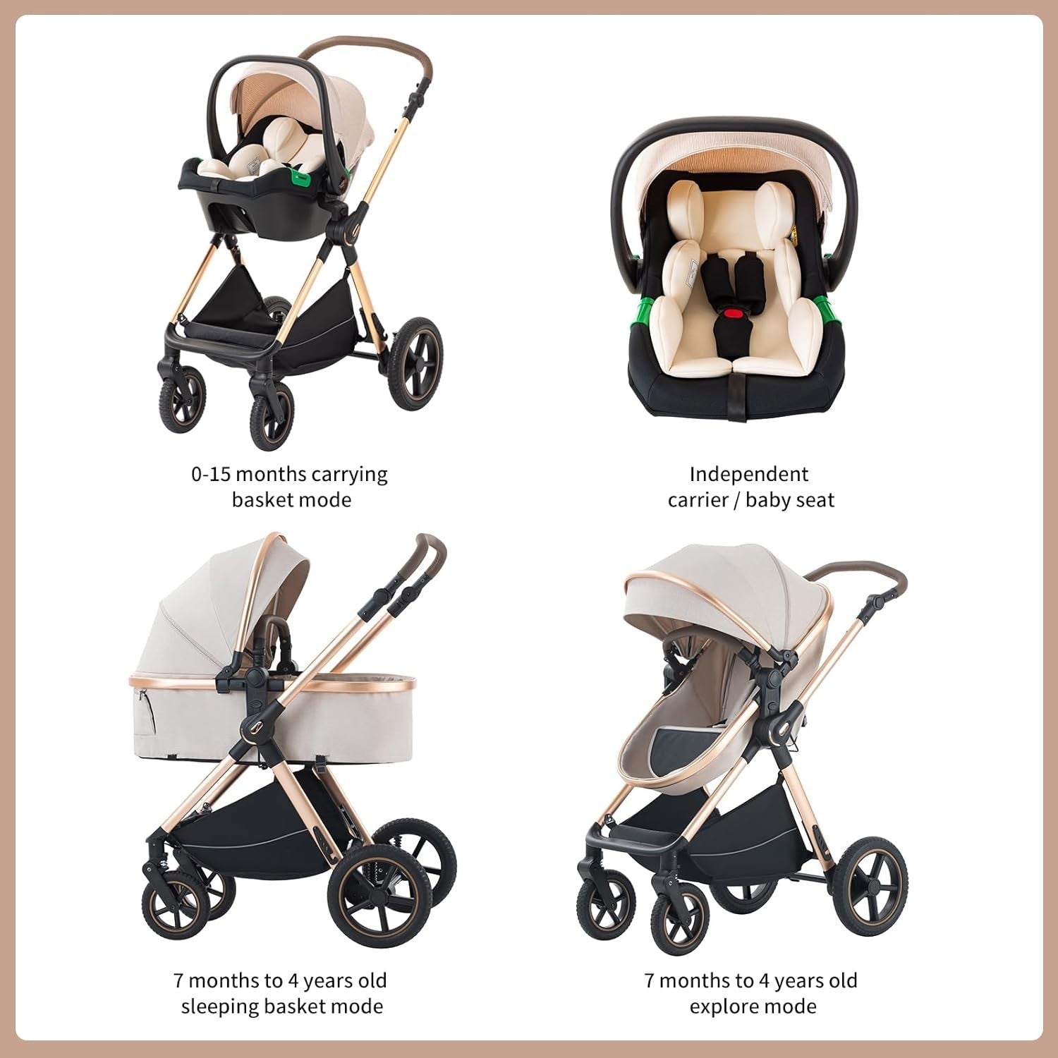 Premium 3in1 Baby Stroller Pram System Foldable Pushchair Adjustable Handle