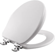 Round Toilet Seat White Enameled Wood Soft Close Chrome Hinges