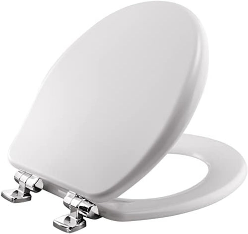 Round Toilet Seat White Enameled Wood Soft Close Chrome Hinges