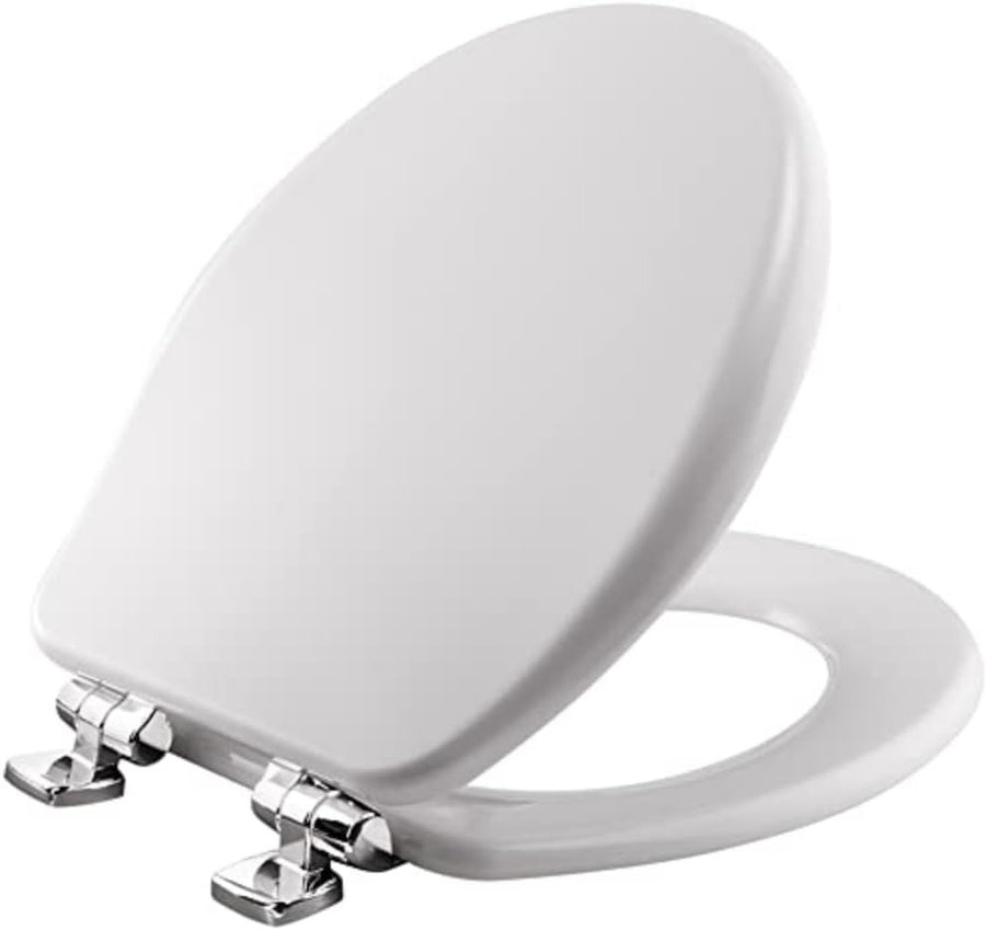 Round Toilet Seat White Enameled Wood Soft Close Chrome Hinges